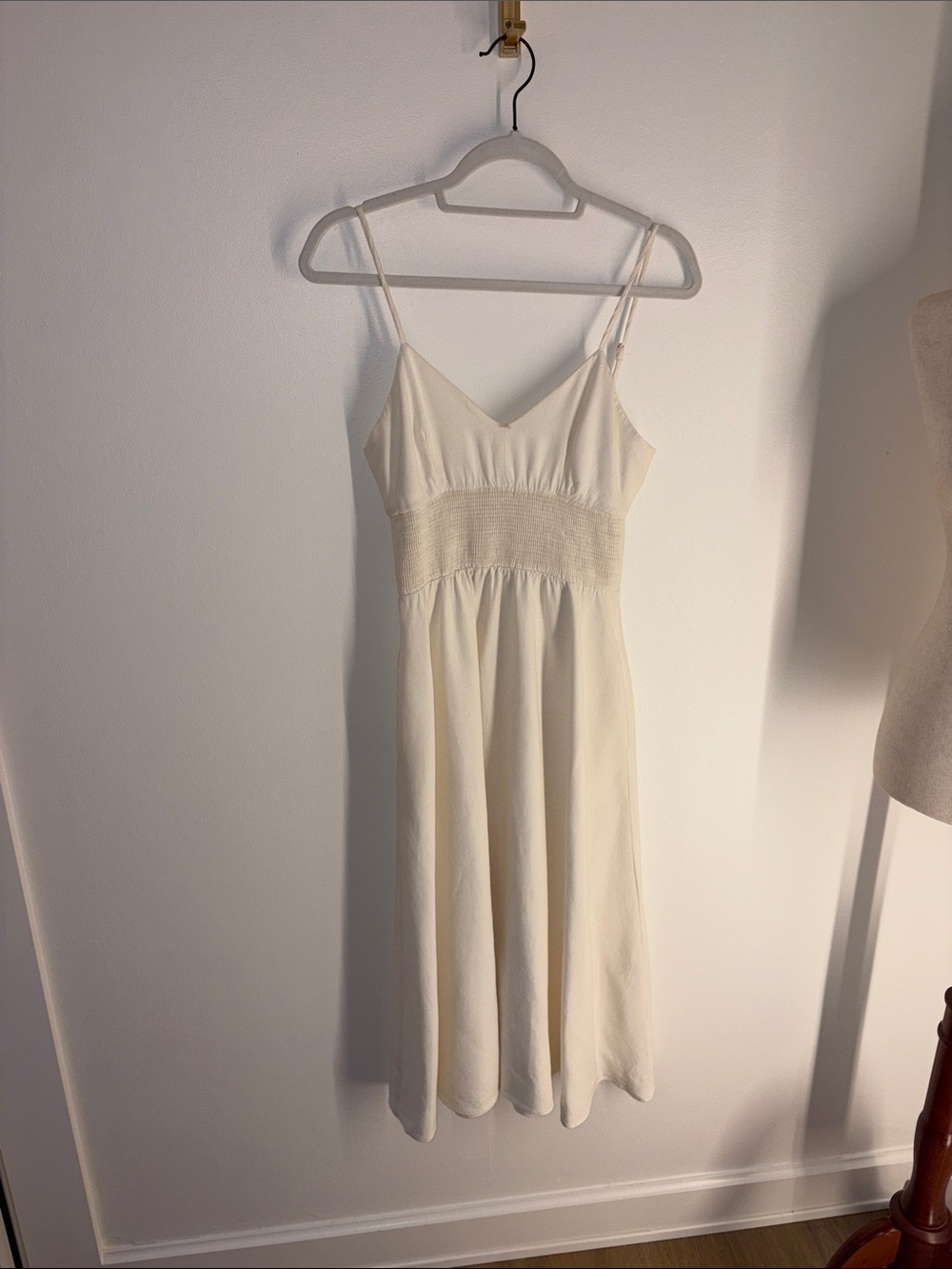 Zara Cream Midi Linen Dress with Smocked Waist